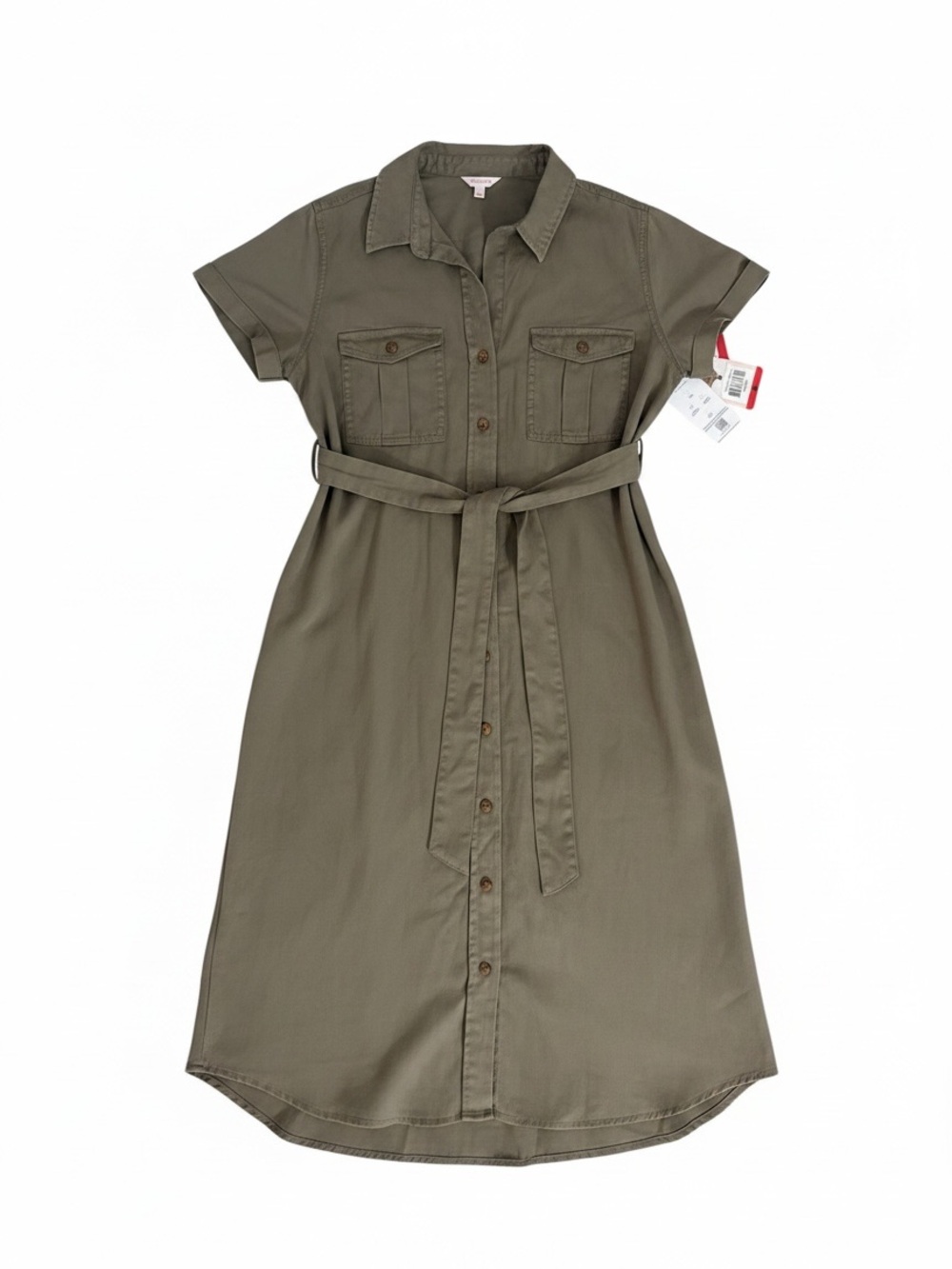 Utility Shirt Midi Dress with Self-Tie Waist in Olive